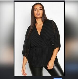 🍁🍂Boohoo Plus Stripe Kimono Sleeve Peplum Wrap Tie Blouse size 18